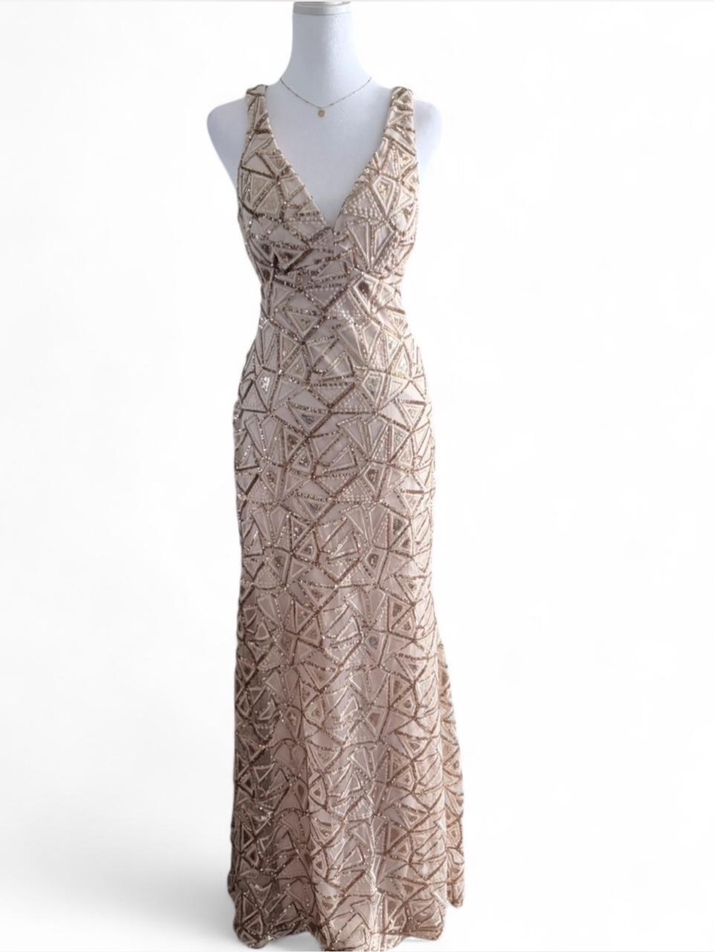 Morgan & Co Champagne Gold Sequin Open Back Gown Formal Evening Dress